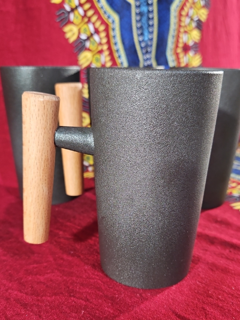 Japanese Minimalist Iron Glazed Stoneware Mugs with Wooden Handles Set of 4